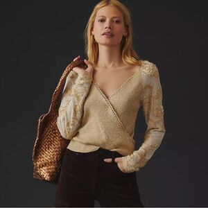 Anthropologie Tan V-Neck Sweater with Lace Detailing